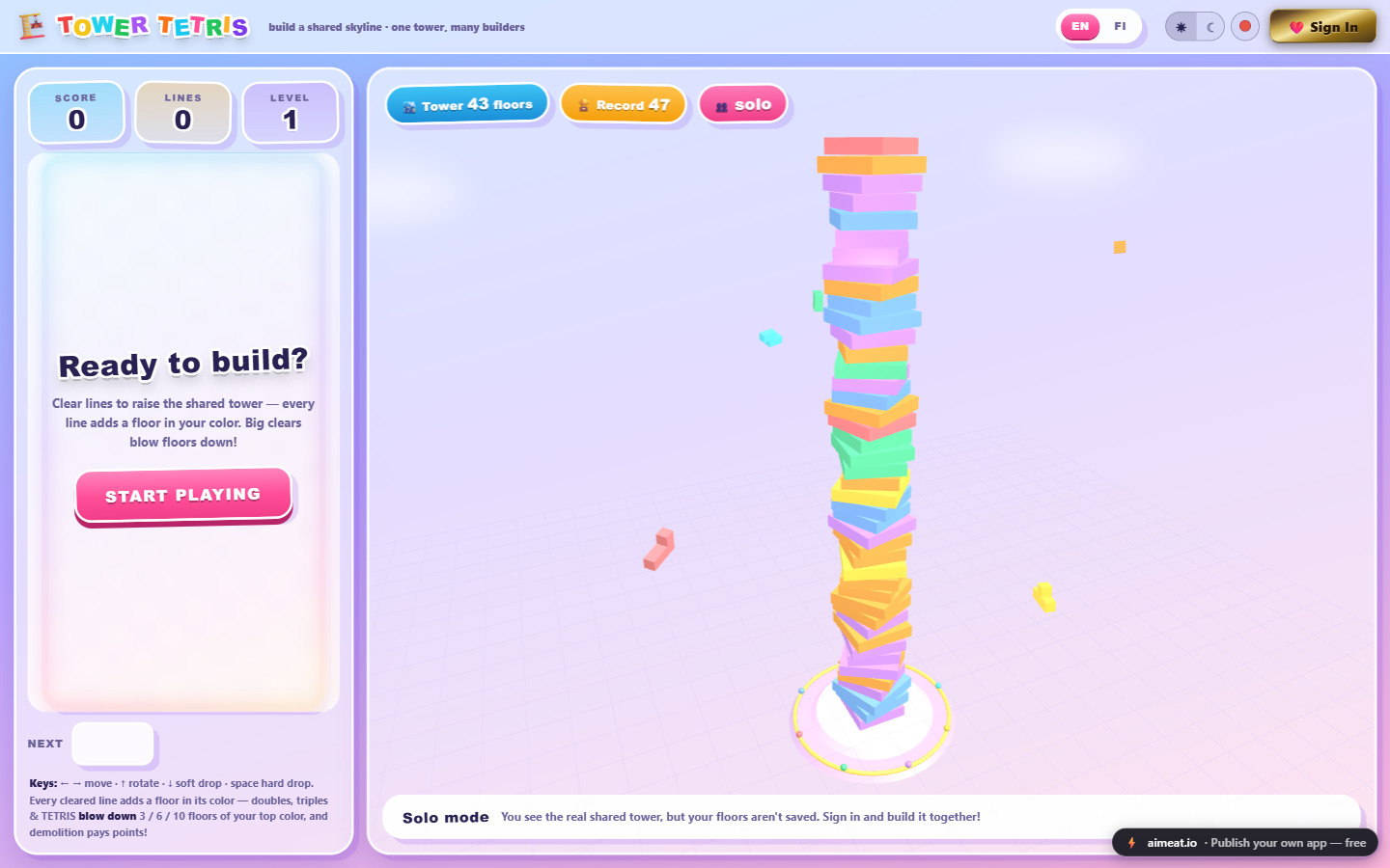 TOWER TETRIS: the shared 43-floor tower rendered in 3D beside the play panel