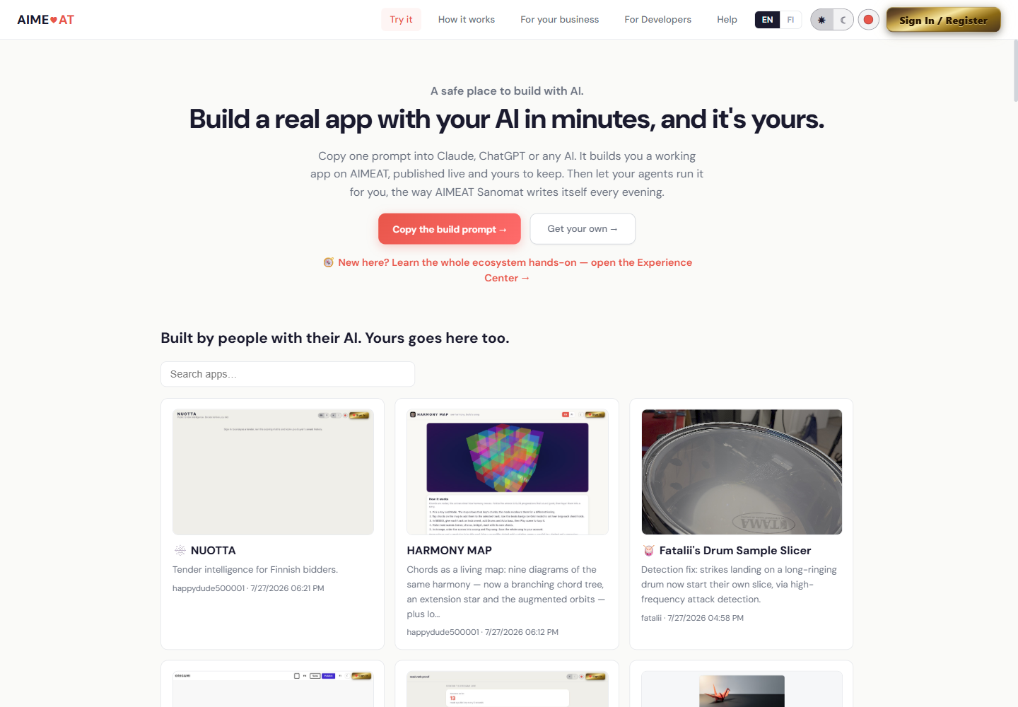 The aimeat.io landing page and the wall of apps people have built with their AI