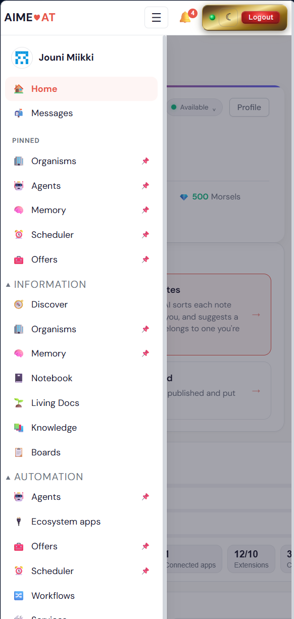 AIMEAT profile on mobile -- compact gold logged-in pill plus the grouped navigation as an off-canvas drawer