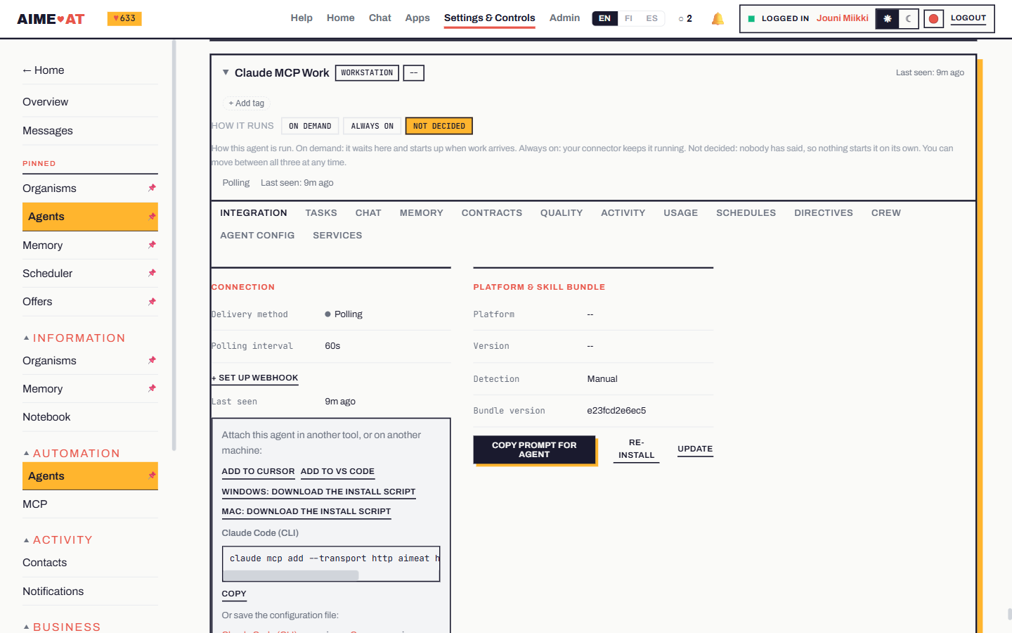 One agent's integration view: delivery method and polling interval, the platform and skill bundle version, and the ready-made ways to attach the same agent in Cursor, VS Code, Windows, macOS or Claude Code
