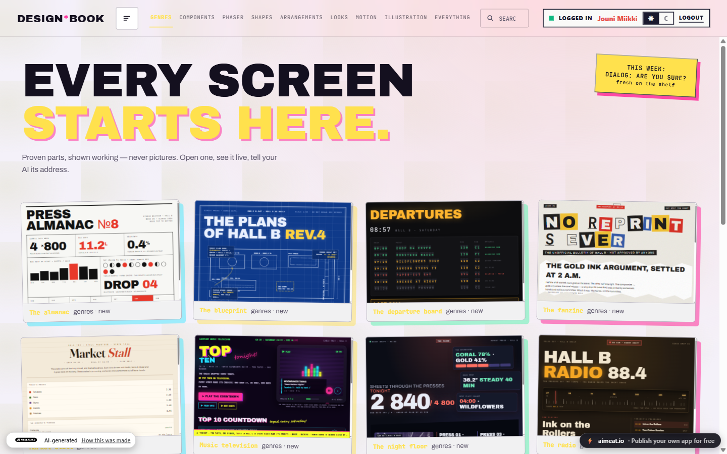 The Design Book app showing the Atelier genres: the almanac, the blueprint, the departure board, the fanzine, market stall, music television, the night floor, the radio