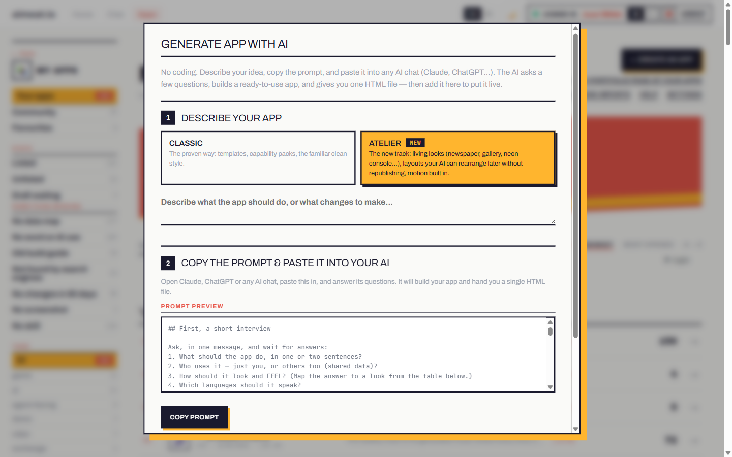 Generate app with AI: the Classic and Atelier tracks side by side, the description box, and the prompt preview that begins with a short interview