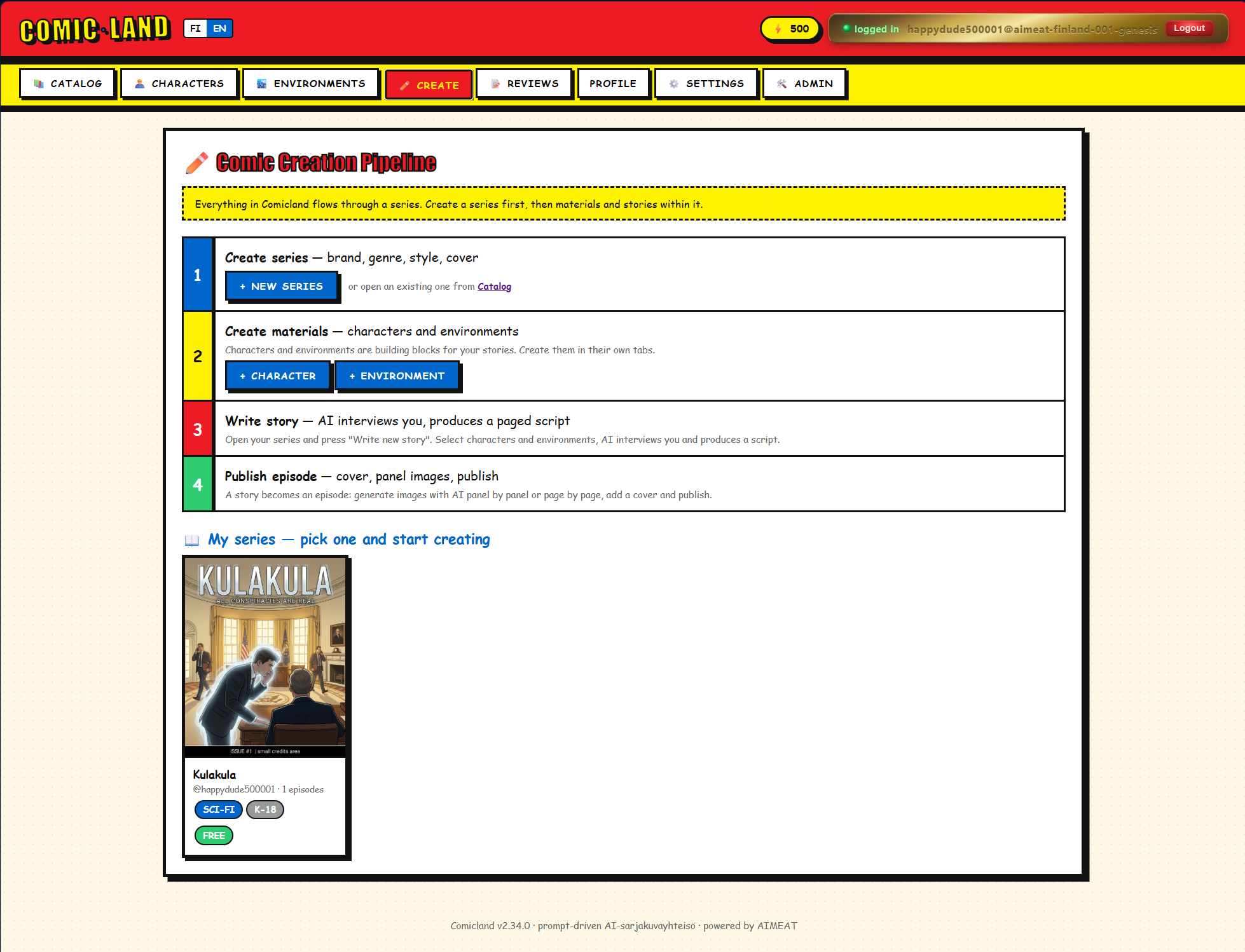 Comicland creation pipeline: AI interview -> script JSON -> per-page image prompts -> overlay editor -> publish