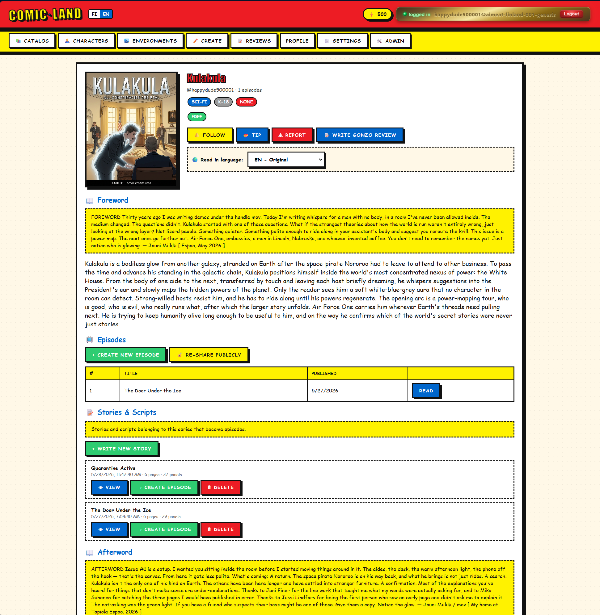 Comicland series detail with episodes, follow, tip, and owner-only publish/unpublish controls