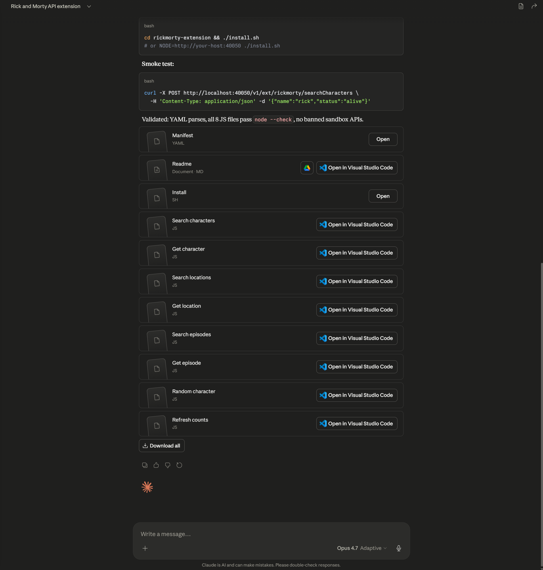 AI generates extension files with install command