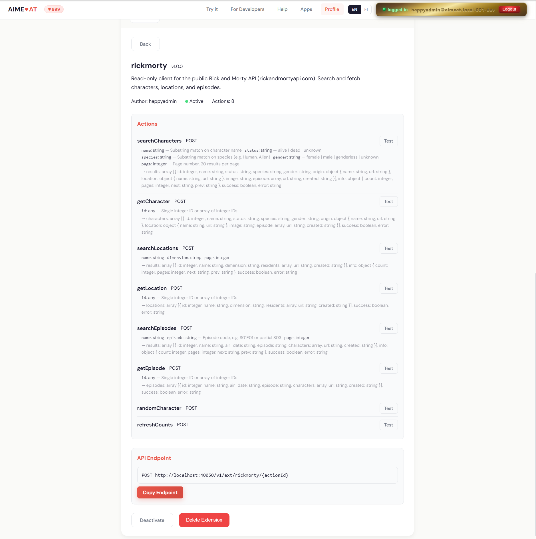 Installed extension with actions and API endpoint