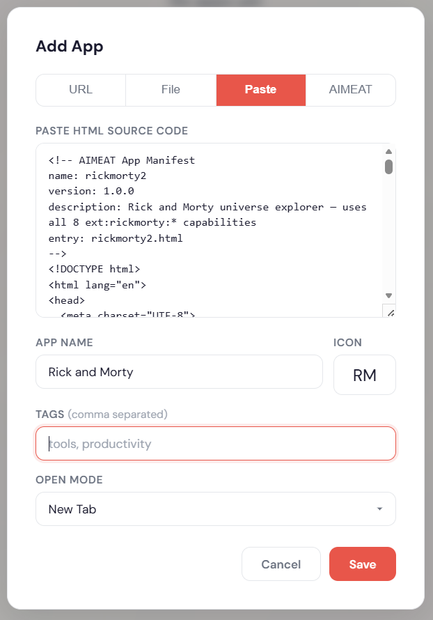 Pasting the app HTML into App Catalogue
