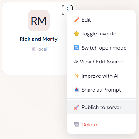 App context menu with Publish option