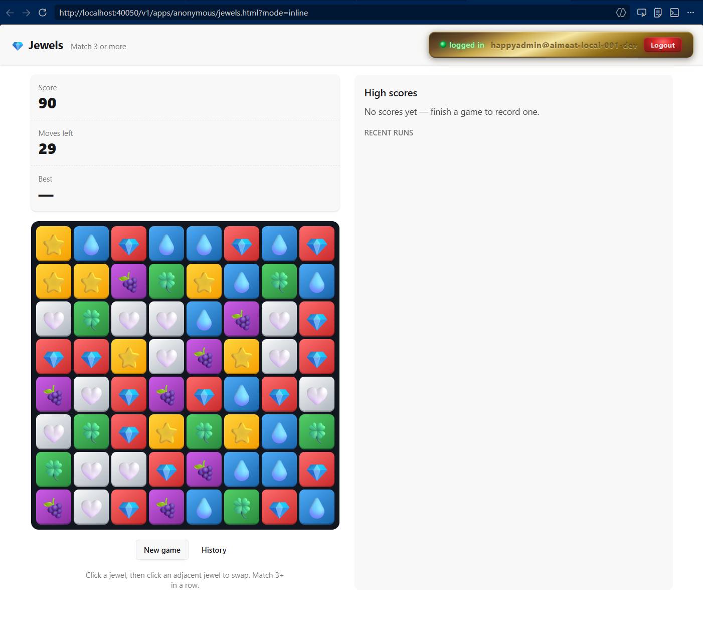 Jewelz game running on AIMEAT