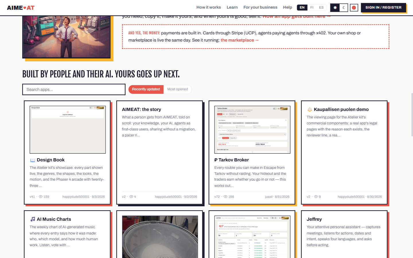 The wall of apps on the front page: every app on the node, built by talking to an AI, searchable and sortable