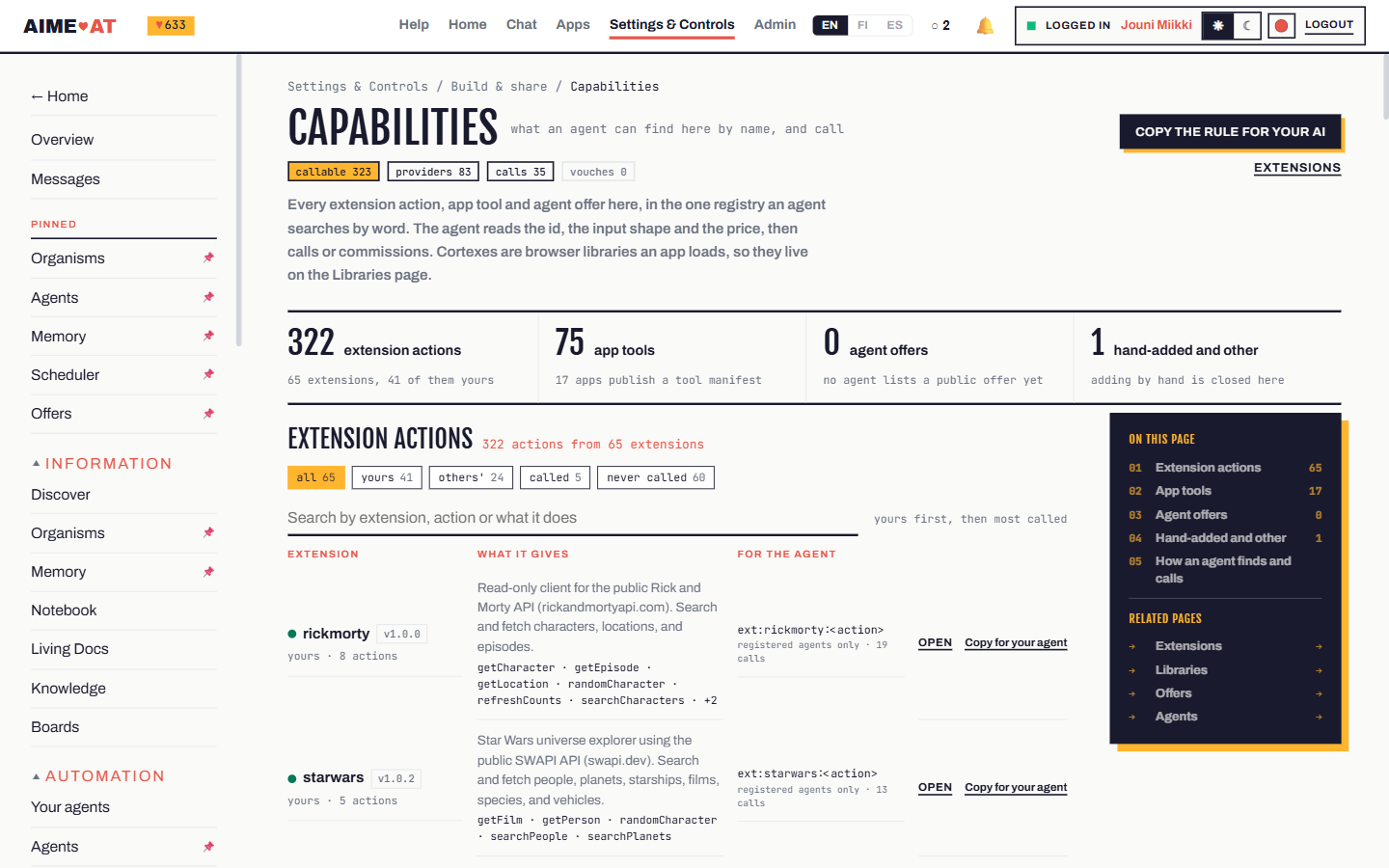The capabilities page: 323 callable things, 322 extension actions from 65 extensions, 75 app tools from 17 apps