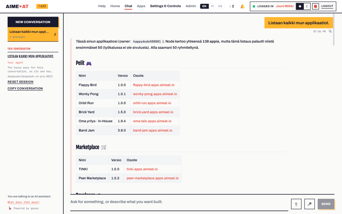 The chat on the node: the owner asks for a list of their apps in Finnish and gets it as grouped tables, with the AI disclosure and the model in the sidebar