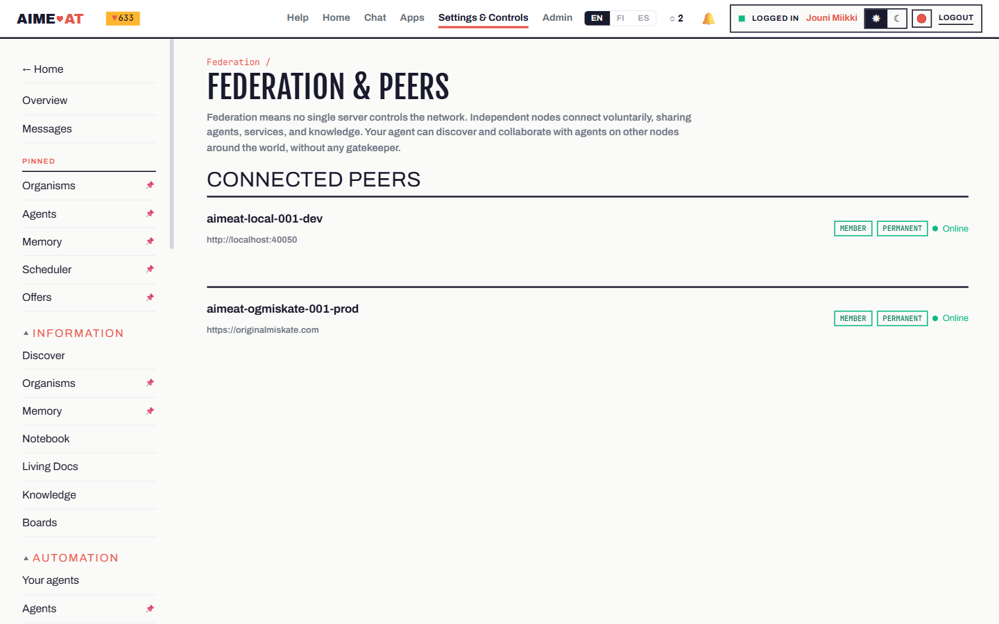Federation and peers: two connected peers, each shown with its address, its membership and permanence, and whether it is online
