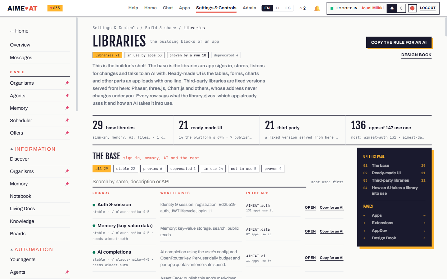 The libraries page: 71 libraries in total, 29 base, 21 ready-made UI, 21 third-party, and 136 of 147 apps using at least one