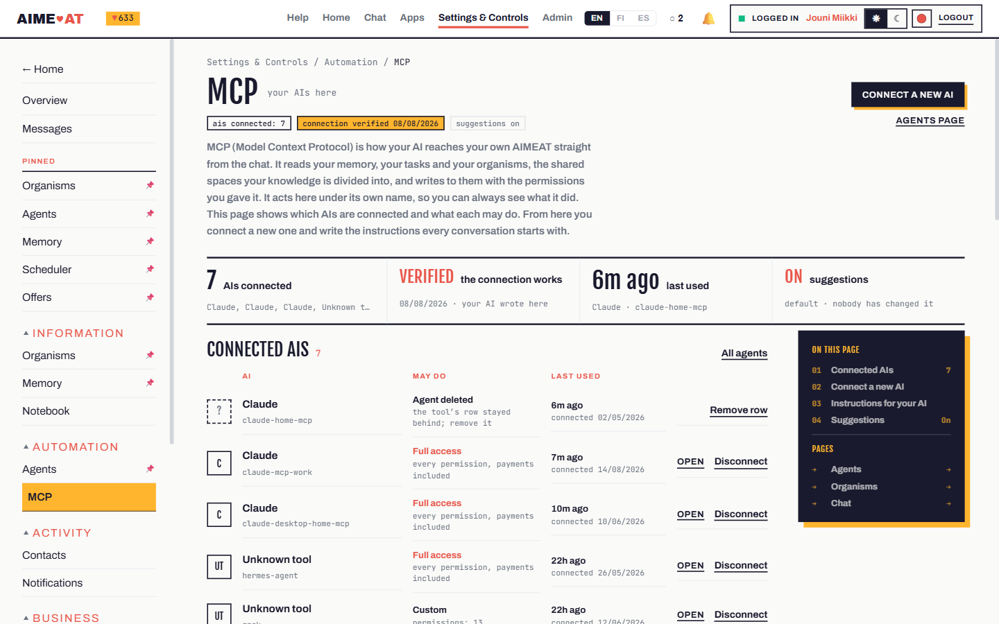 The MCP page: seven AIs connected, the connection verified, what each one may do, and when it was last used