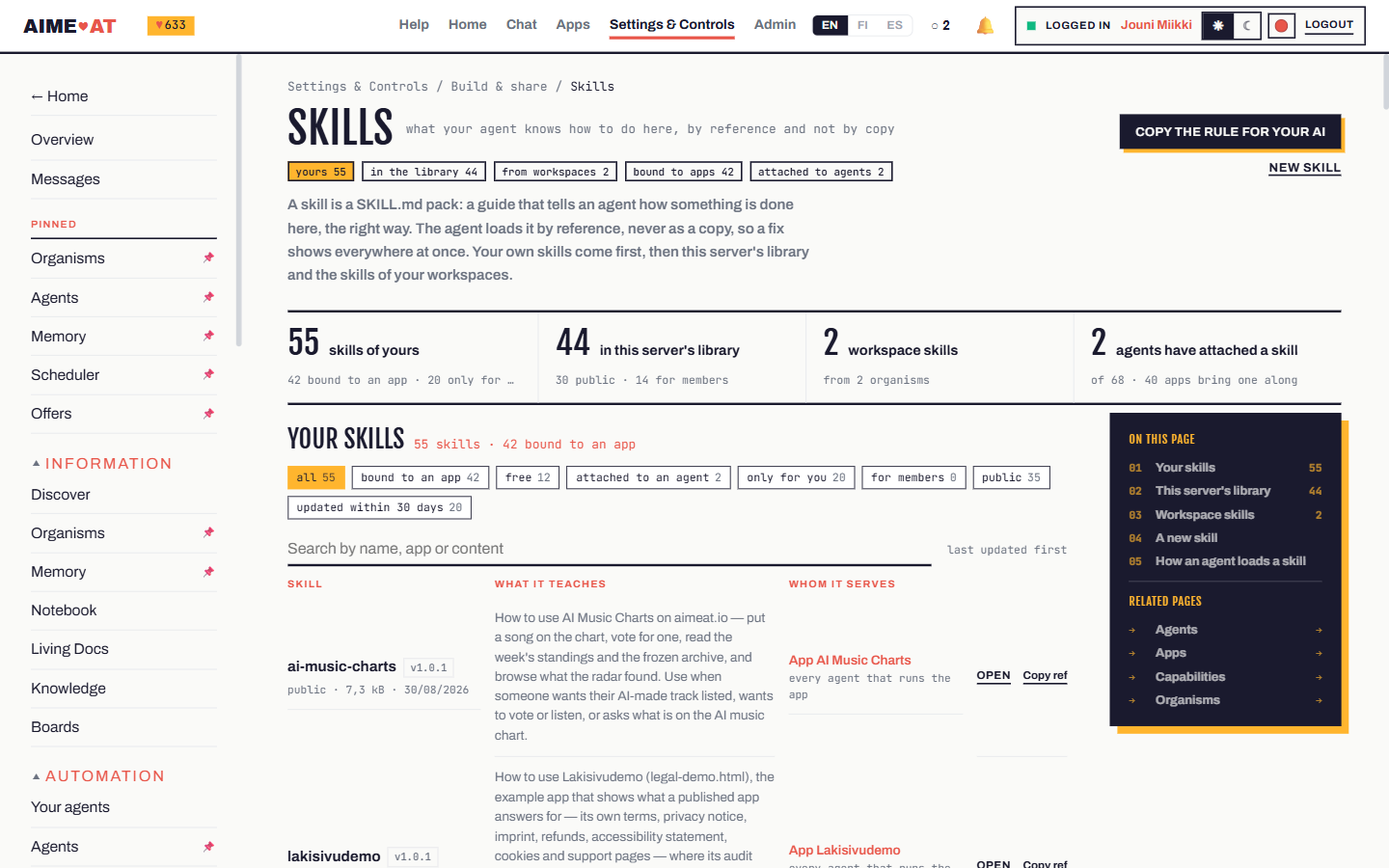 The skills page: 55 skills of the owner's, 44 in the node library, 2 workspace skills, and a table of what each one teaches and whom it serves