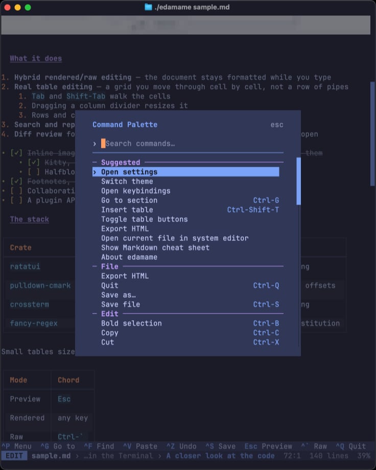 The command palette listing available commands