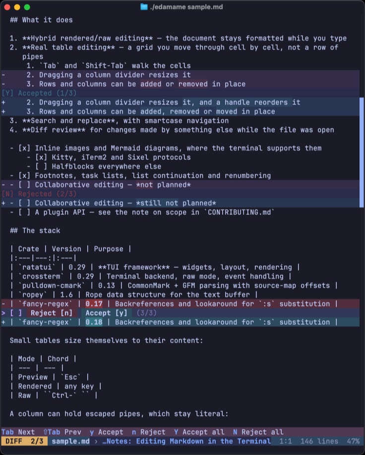Diff review showing added and removed hunks with word-level highlighting