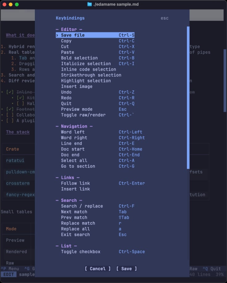 The keybindings overlay, listing actions and their chords