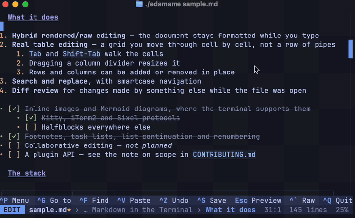 Editing a list in edamame, with the cursor's line showing raw Markdown while the rest stays rendered