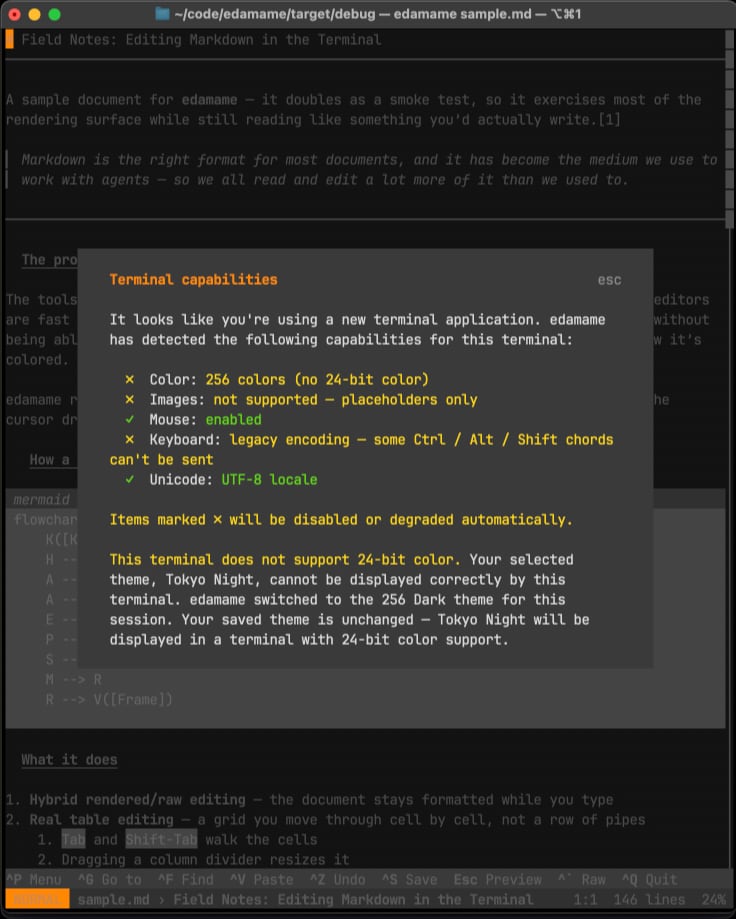 The terminal capabilities notice, listing color, image, mouse and keyboard support