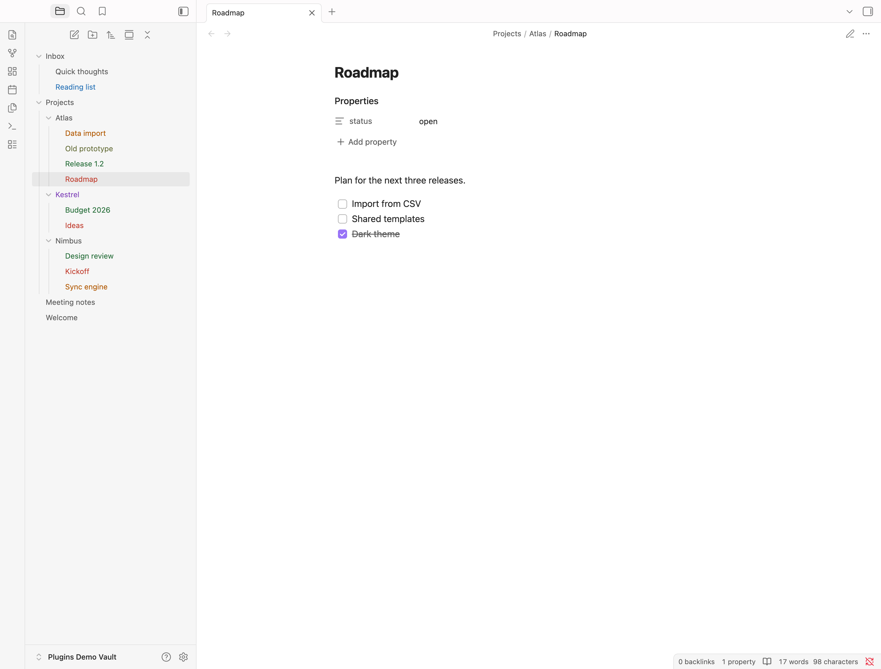 Note and folder titles coloured by state in the file explorer, light theme