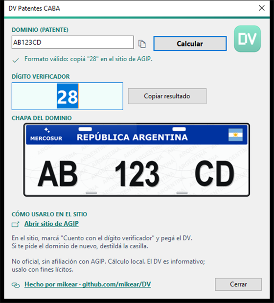Aplicación calculando el dígito verificador de AB123CD con la chapa del dominio dibujada