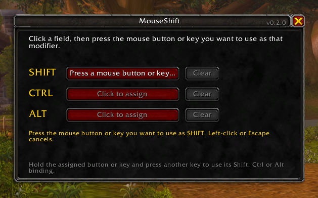 The Shift field waiting for a mouse button or key