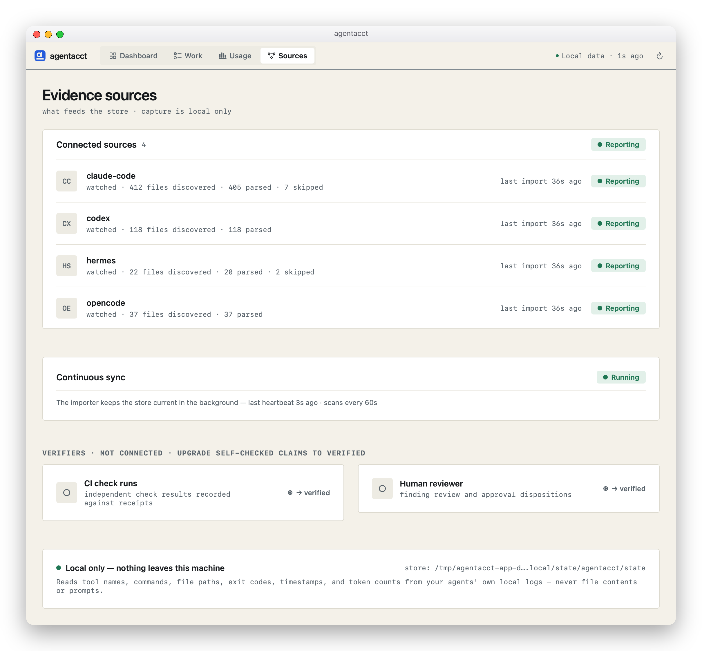 The Sources pane — per-source import health with green Reporting lozenges, the continuous-sync watcher, the not-yet-connected verifier shelf, and the local-only scope card