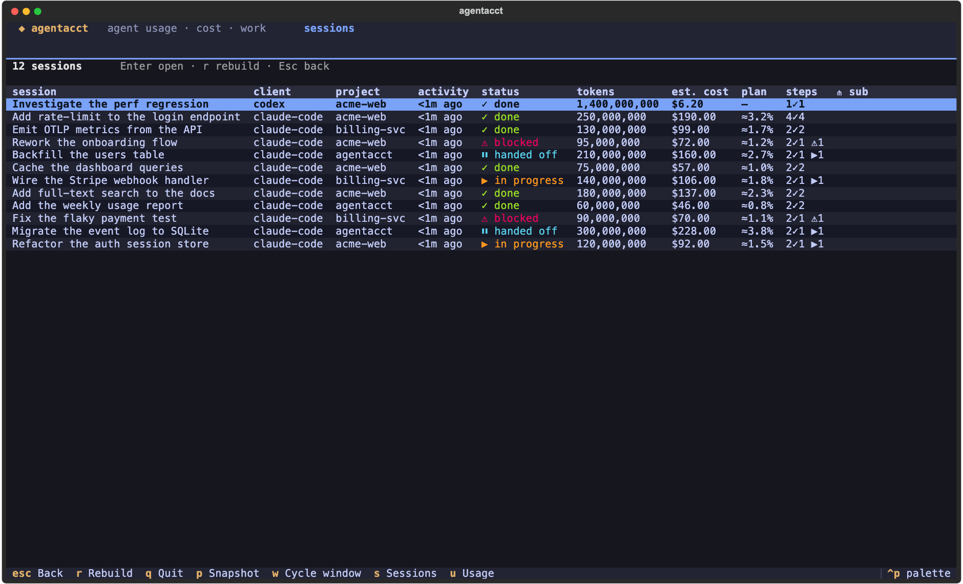 agentacct tui sessions list — per-session tokens, cost, status, and step counts