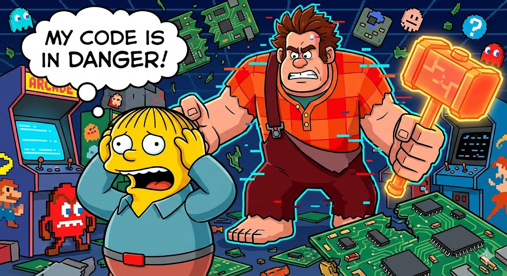 Wreck it Ralph Wiggum holding a sign 'MY CODE IS IN DANGER'