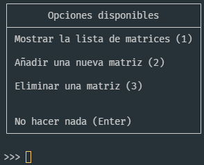 Menú de opciones de la lista de matrices