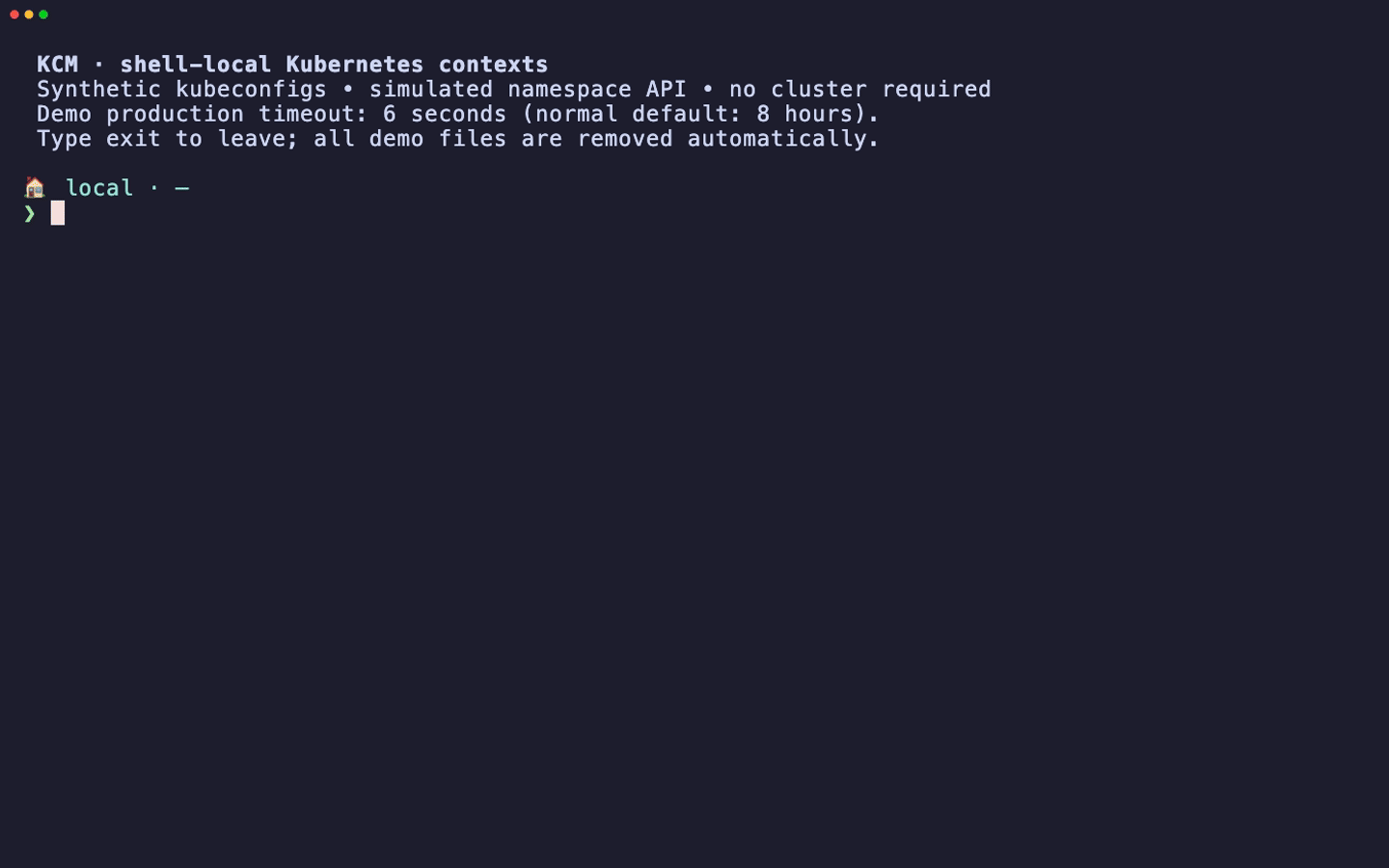 Kubernetes Context Manager demo showing profiles, contexts, namespaces, and expiration