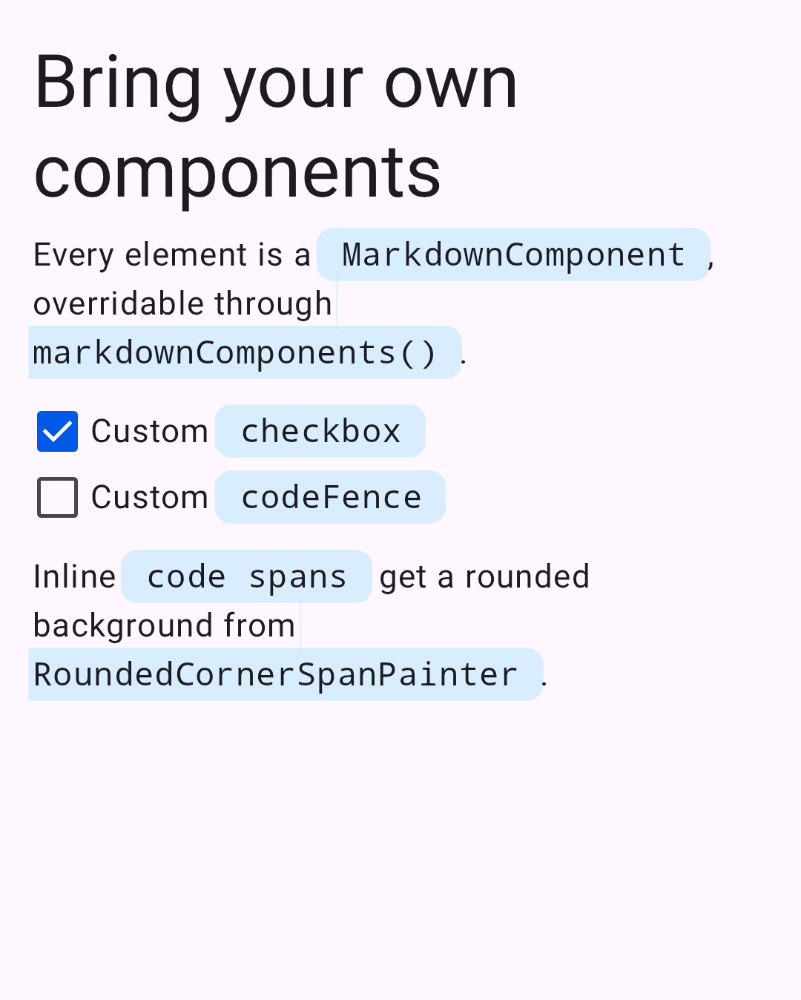 Task list checkboxes rendered by a custom component, and inline code spans with rounded backgrounds.