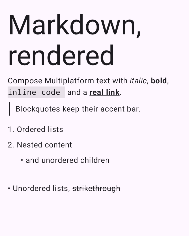 Headings, italic, bold, inline code, a link, a blockquote, and ordered plus unordered lists.