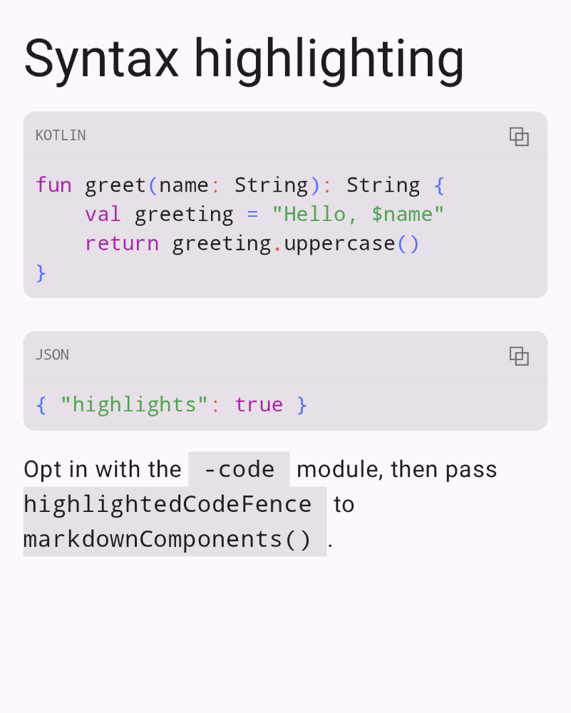 A Kotlin and a JSON code fence, syntax highlighted, each with a language header and copy button.