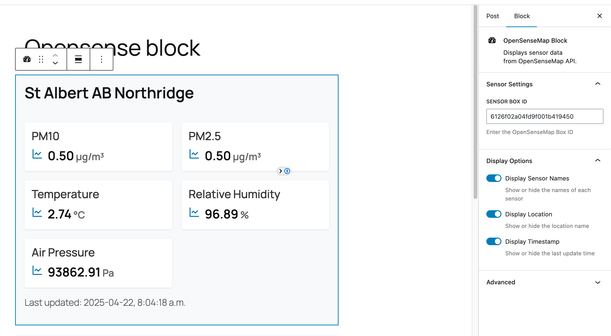 Block settings in the editor