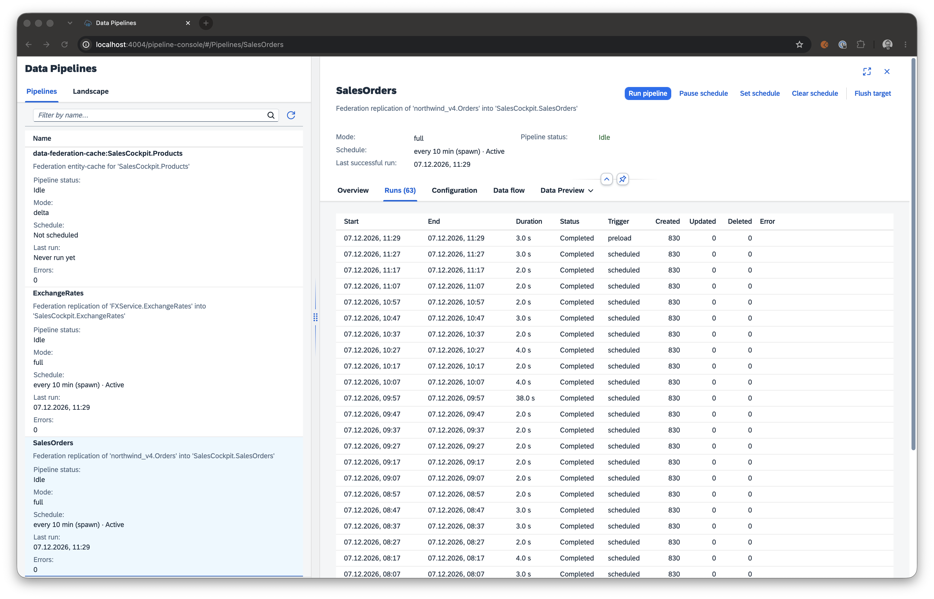 Pipeline detail — replicate run history and schedule controls