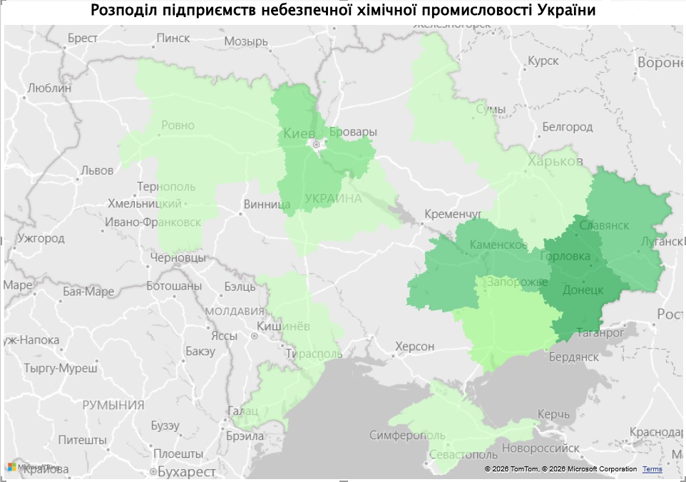 Карта України з концентрацією підприємств небезпечної хімічної промисловості за регіонами