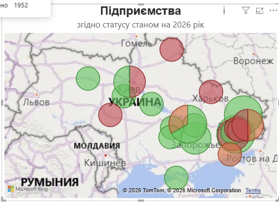 Схематична карта України з активними та кризовими вузлами небезпечної хімічної промисловості станом на 2026 рік