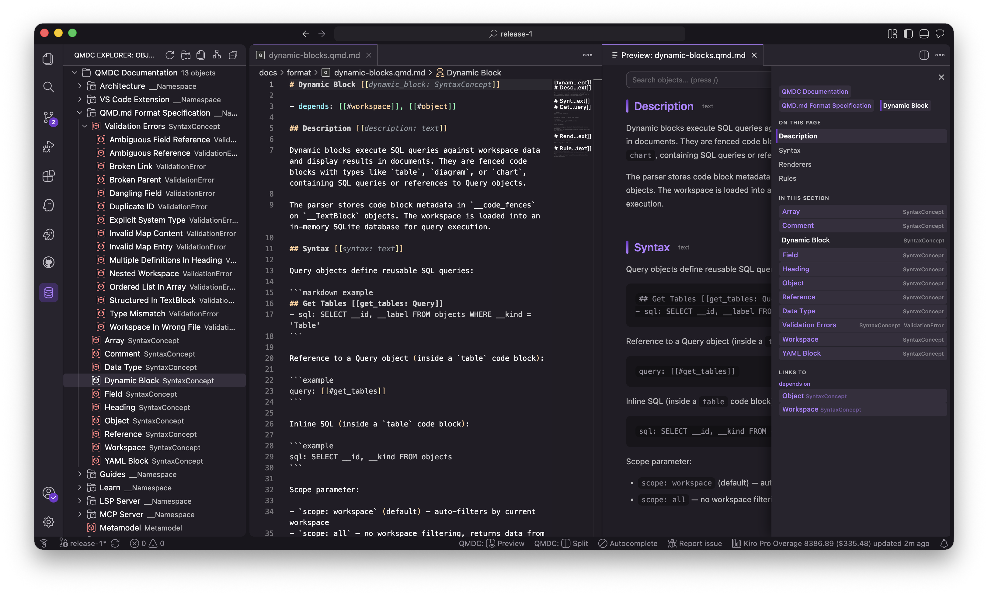 QMDC VS Code extension — a .qmd.md file with the live preview beside it, syntax highlighting, and inline diagnostics
