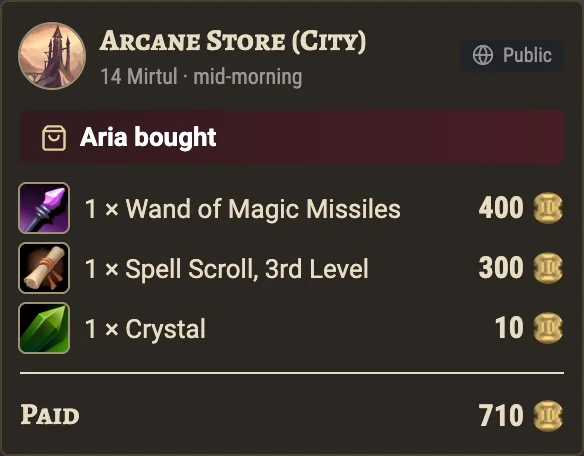 A trade's receipt in chat