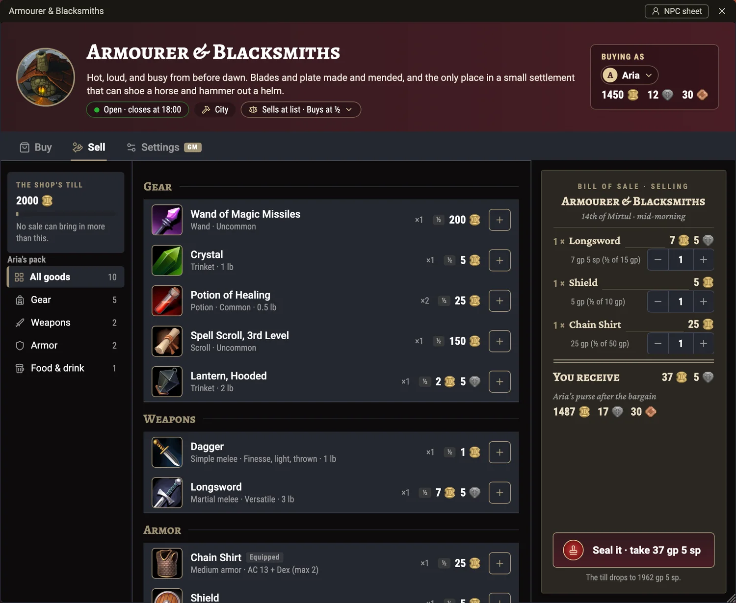 The Sell tab