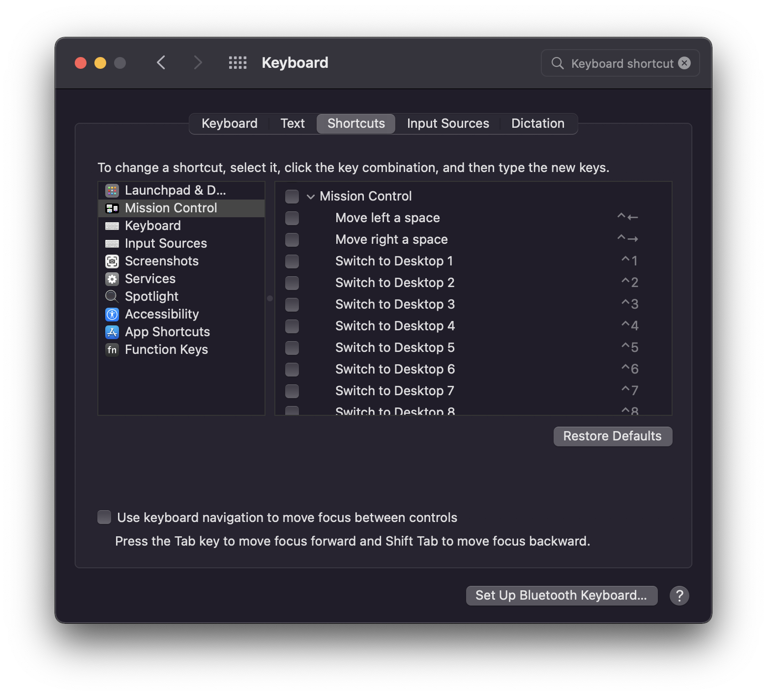 System Preferences: Mission Control space switching keyboard shortcuts