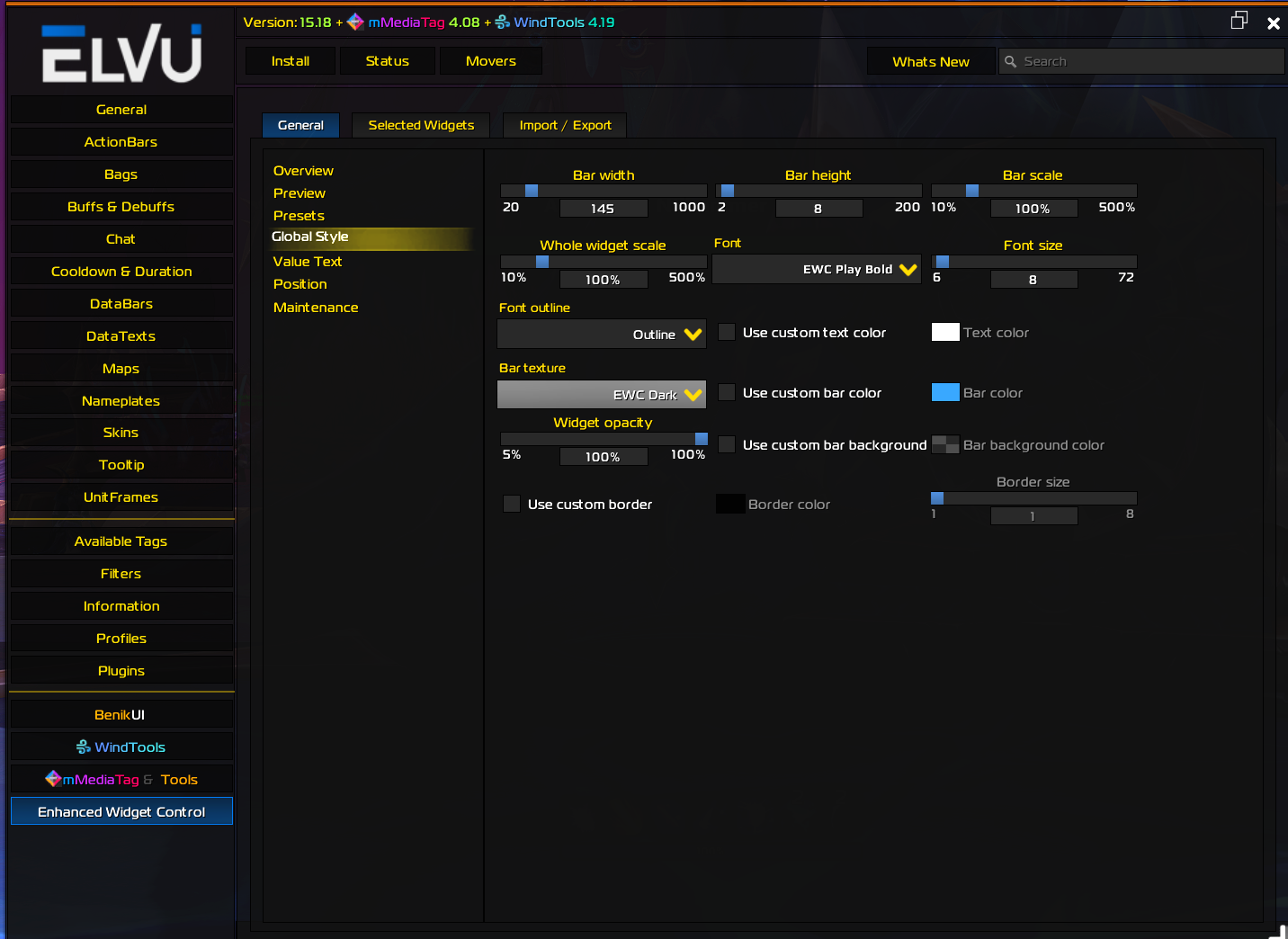 Enhanced Widget Control global styling settings
