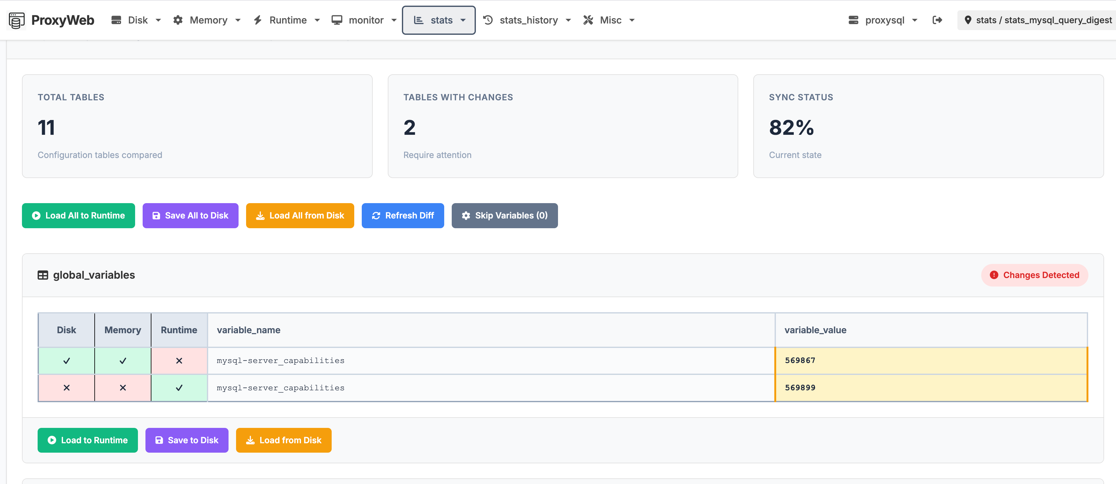 ProxyWeb config diff — comparing Disk, Memory, and Runtime layers