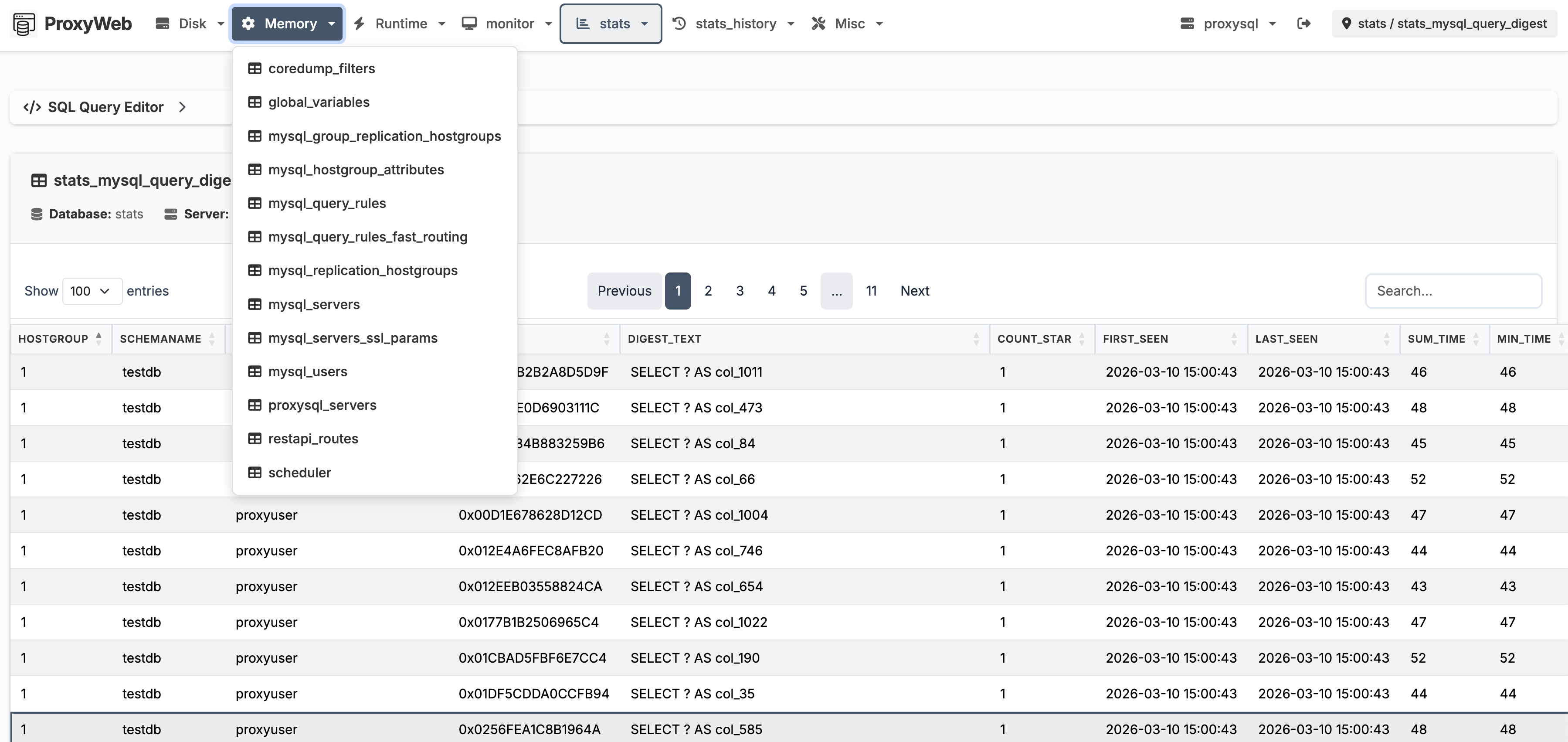 ProxyWeb table browser with pagination, search, and database navigation