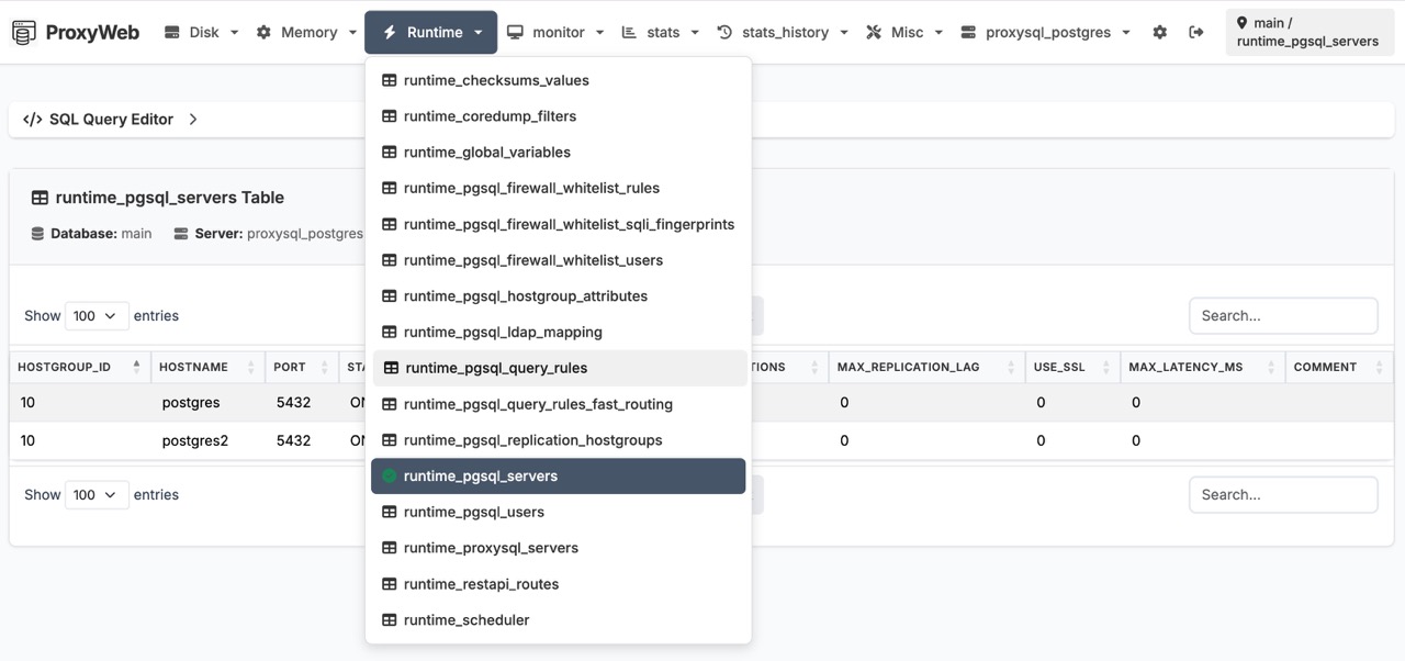 ProxyWeb managing PostgreSQL backends via ProxySQL