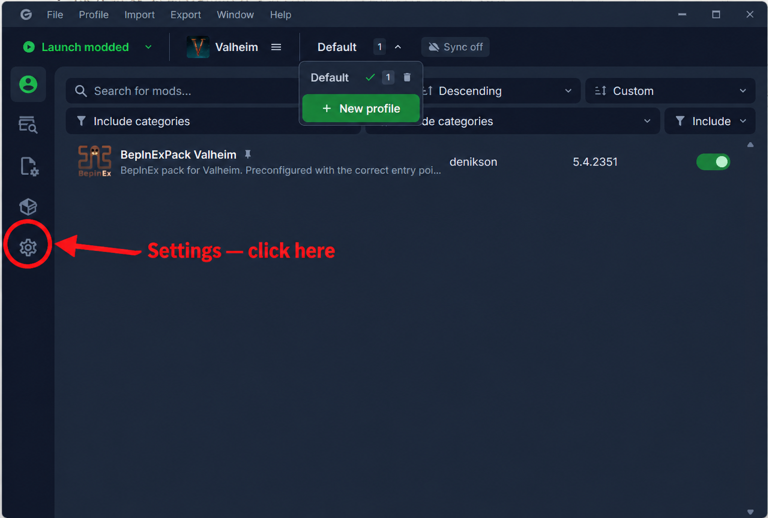 Gale Settings gear circled in the left sidebar