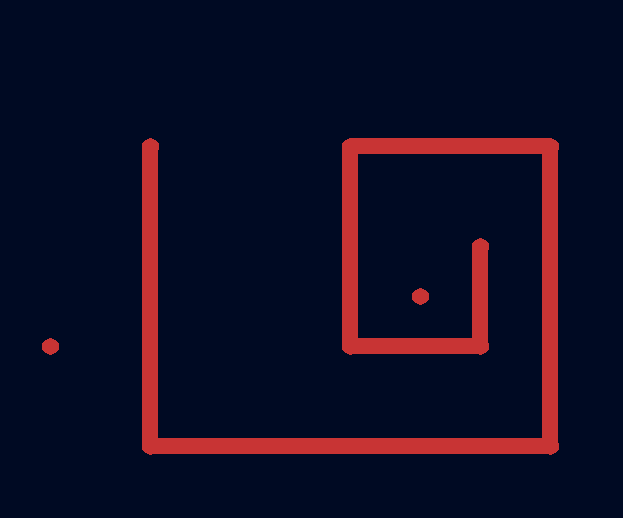 Animation. There's a rubber band-like trace following cursor, navigating a very simple maze. The maze and the trace are red, the background is solid black but also very slightly white and dark blue.